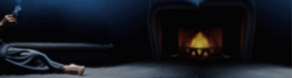 Alcohol and Smoke: Sherlock sits in the dark in a blue bathrobe. He is front of the fireplace smoking and drinking. Everything is blurry.