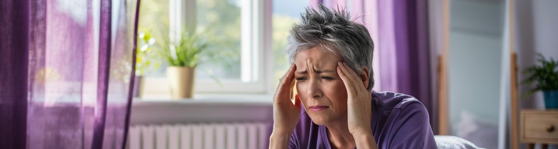 A woman in a pretty purple beadroom with a chronic headace after a misdiagnosis