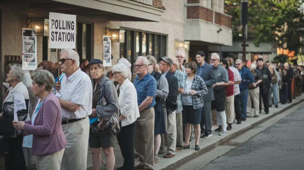 Voters in line on election day. Voter suppression can happen any time!