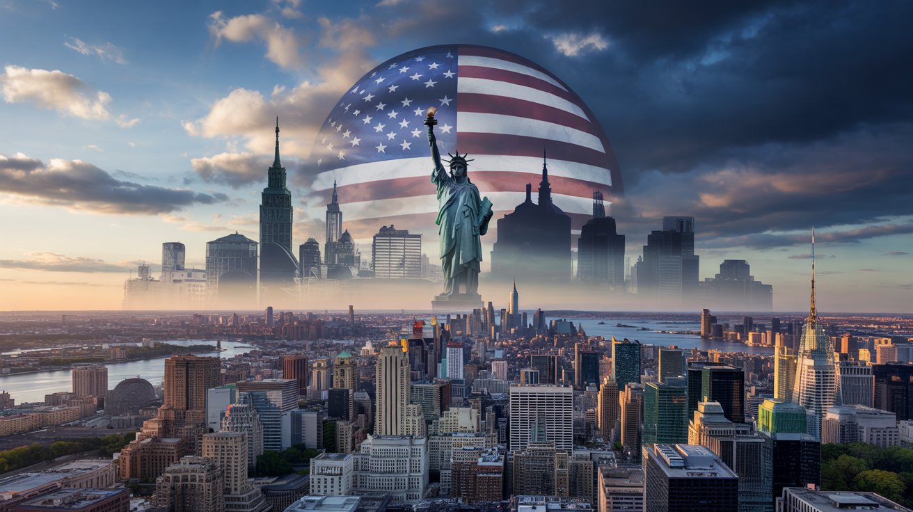 A highly detailed featured image that encapsulates the theme of the US global influence shift, transitioning from a 'shining city on a hill' to shadow. In the foreground, a powerful, iconic American skyline showcases landmarks like the Statue of Liberty and the White House bathed in bright, optimistic light, reflecting its past hero narrative. In the background, somber shadows and dark clouds gather over the skyline, symbolizing skepticism and criticism, with a dramatic contrast between light and shadow to convey the duality of perception.