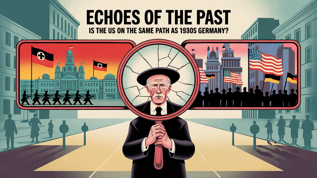 A digital illustration representing the article title "Echoes of the Past: Is the US on the Same Path as 1930s Germany?" The central focus is a cracked mirror reflecting two scenes: on the left, a 1930s German cityscape with Nazi flags and marching soldiers; on the right, a modern US city with American flags and a diverse crowd of protesters. The mirror is held by a figure representing history, depicted as a wise, elderly person with a contemplative expression, standing in a muted, neutral background that symbolizes the passage of time.