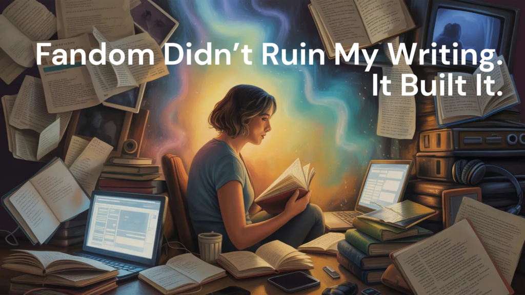 Fandom and writing inspired digital banner featuring a woman surrounded by books, laptops, floating manuscript pages, and glowing story-like light while reading in a cozy, nostalgic creative space filled with fandom-inspired atmosphere and late-night writing energy.